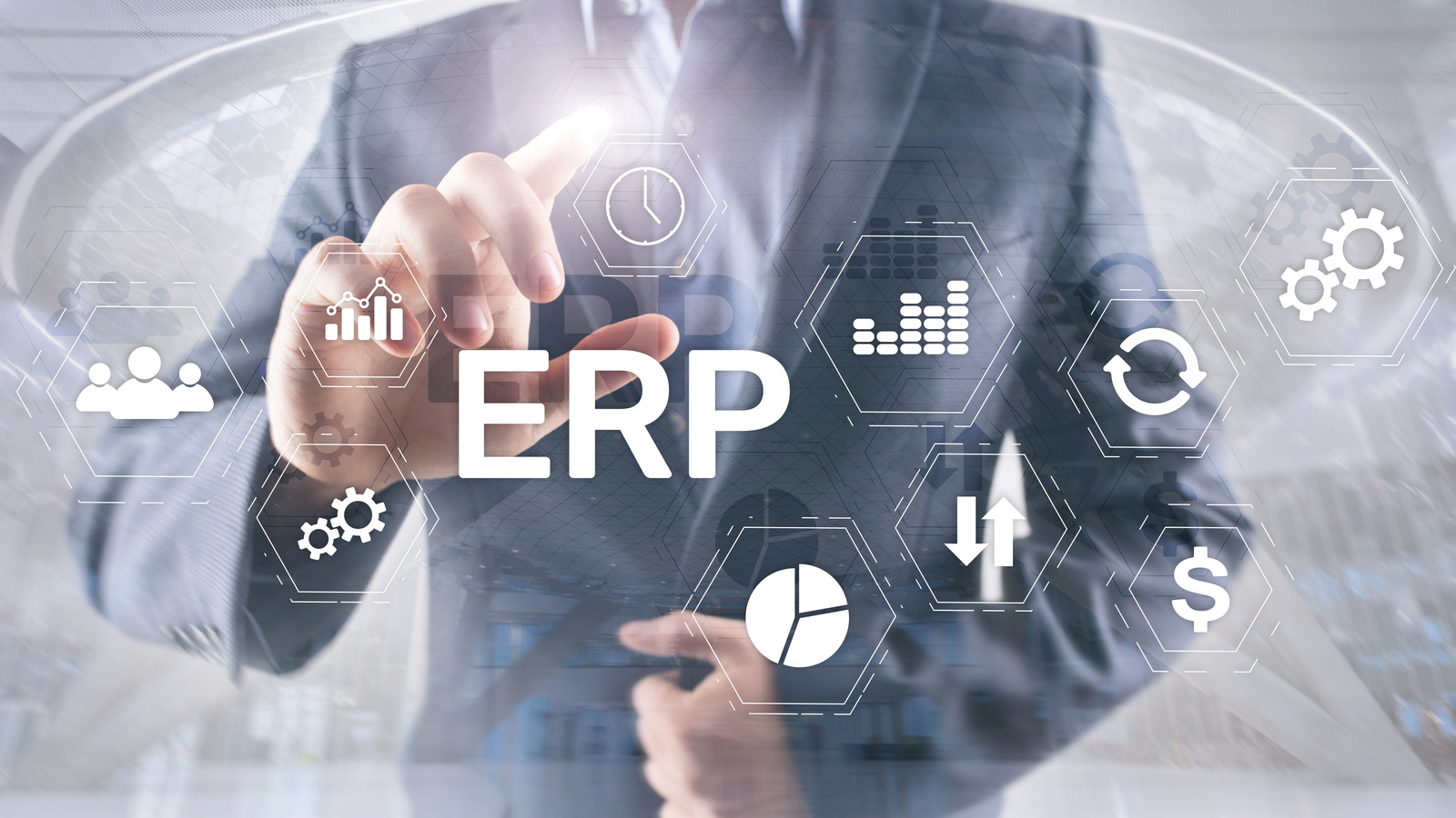 ERP system, Enterprise resource planning on blurred background. Business automation and innovation concept.